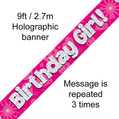 9ft Banner Birthday Girl Pink Holographic - Banners & Bunting